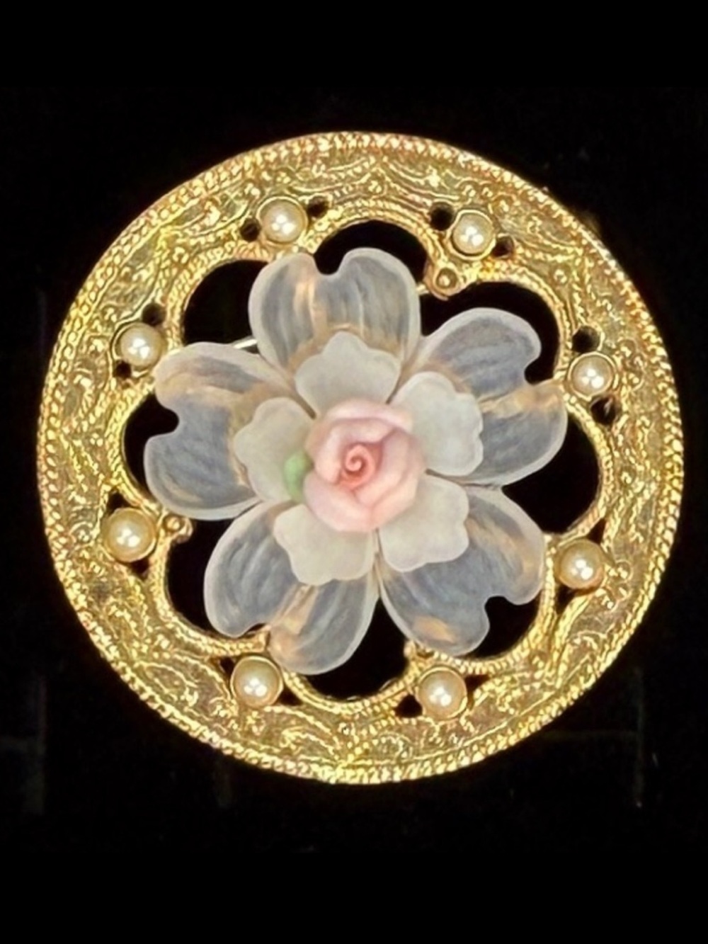 Vintage Floral Gold Tone Filigree Brooch Pink Rose Faux Pearls